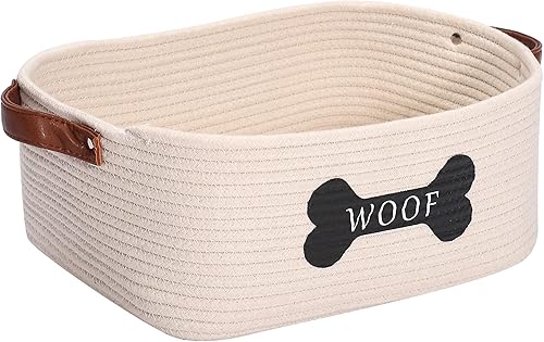 Brabtod Cesta de almacenamiento de juguetes de cuerda de algodón para perros, tamaño mediano, contenedor de juguetes para perros con asa,