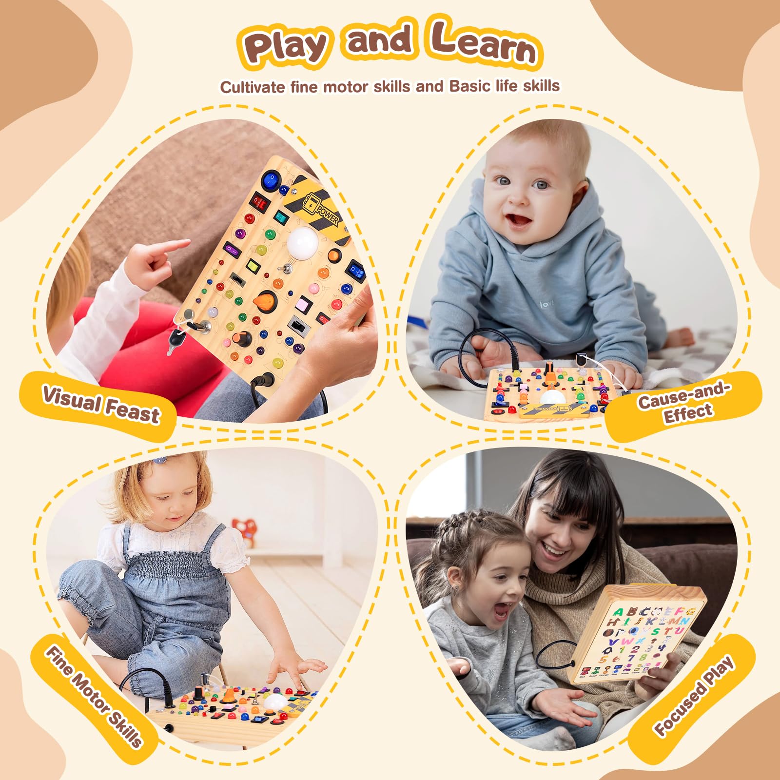 Busy Board con interruttori della luce a LED, giocattoli Montessori per ragazzi di 1, 2 e 3 anni, tabella delle attività sensoriali giocattolo in legno per ragazzi e ragazze di 1+ anni (19