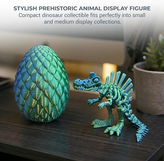 3D Printed Spinosaurus Skeleton Figure – Flexible Articulated Dinosaur Toy with Movable Joints – Poseable Prehistoric Model with Egg, Collectible Desk Decor Display for Kids & Adults - GreenBlue