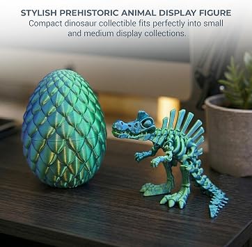 3D Printed Spinosaurus Skeleton Figure – Flexible Articulated Dinosaur Toy with Movable Joints – Poseable Prehistoric Model with Egg, Collectible Desk Decor Display for Kids & Adults - GreenBlue