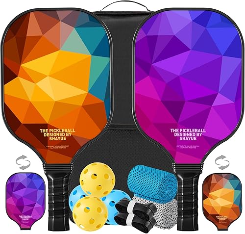 Juego de 2 palas de pickleball con 2 raquetas de fibra de vidrio de pickleball 4 bolas, 2 cintas de agarre de pickleball, 2 toallas deportivas, 1