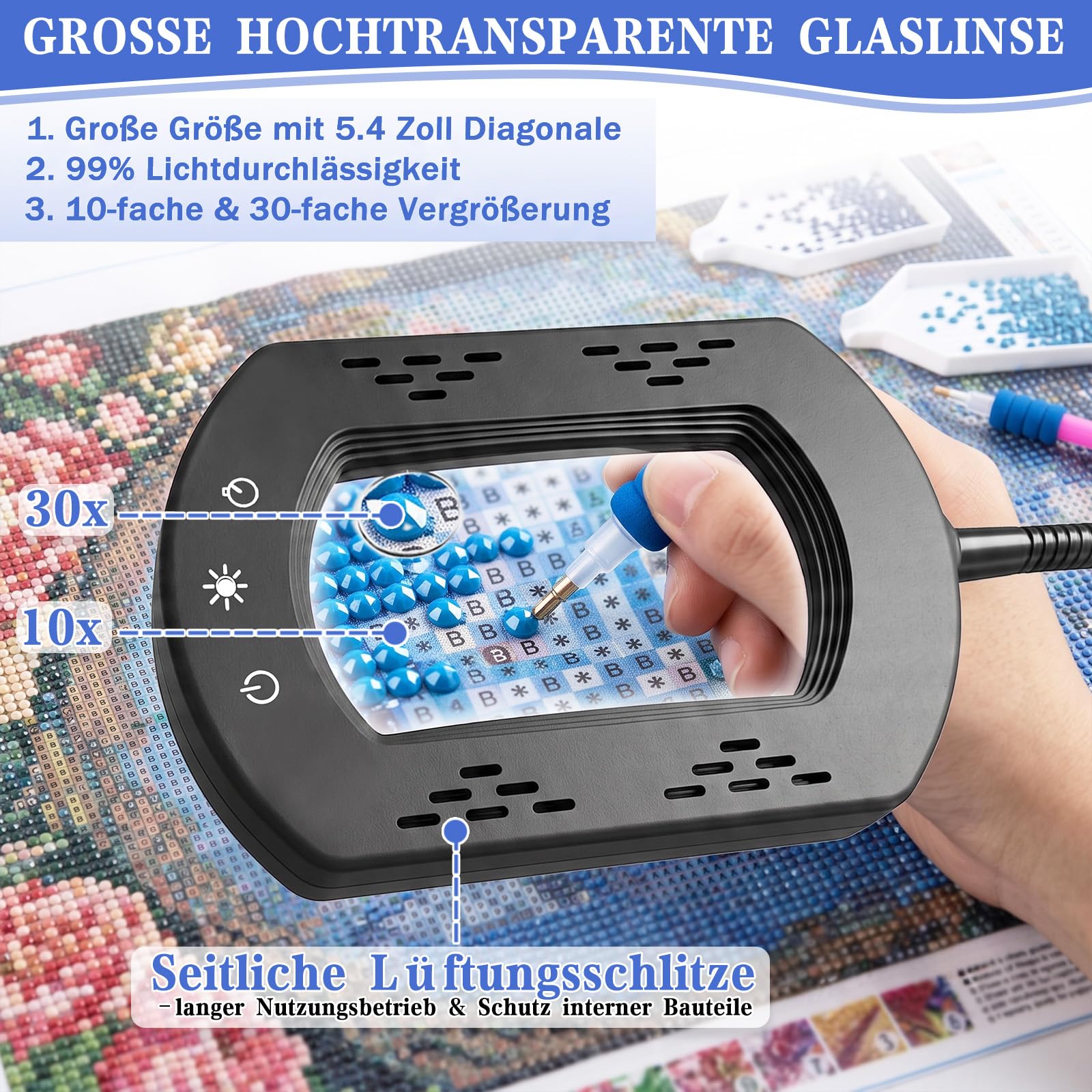 10-fache rechteckige Lupe mit Licht und Ständer & Aluminiumklemme,5 Farbmodi,stufenlos dimmbar,Flexibler Schwanenhals–Diese Lupenlampe ist ideal für Lesen und Diamond Painting