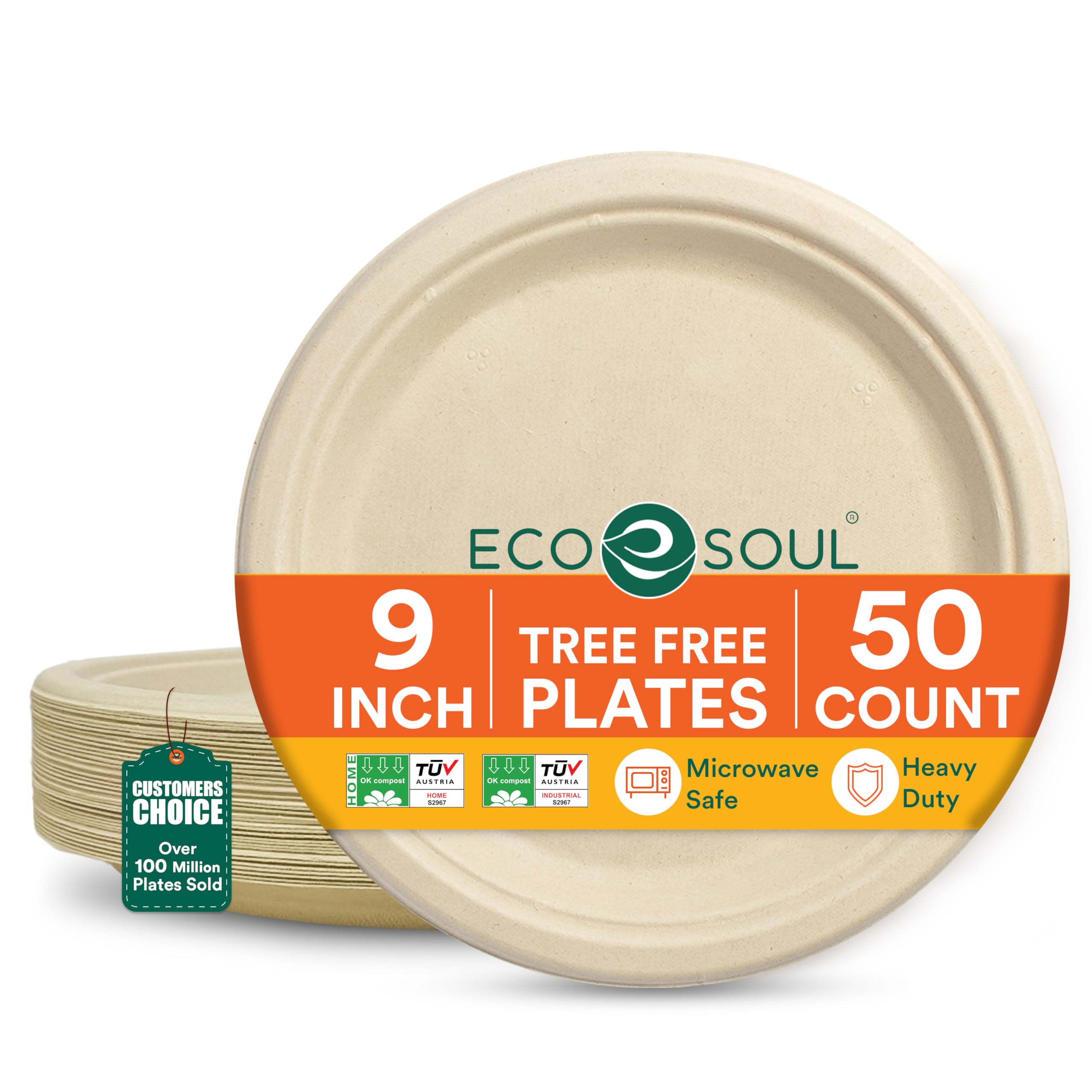 ECO SOUL [ 9 Inch, 50 Count ] Disposable Bagasse Plates | Eco-Friendly, Biodegradable, Sugarcane Paper Plates | for Serving Dinner | Birthday, Wedding & Party