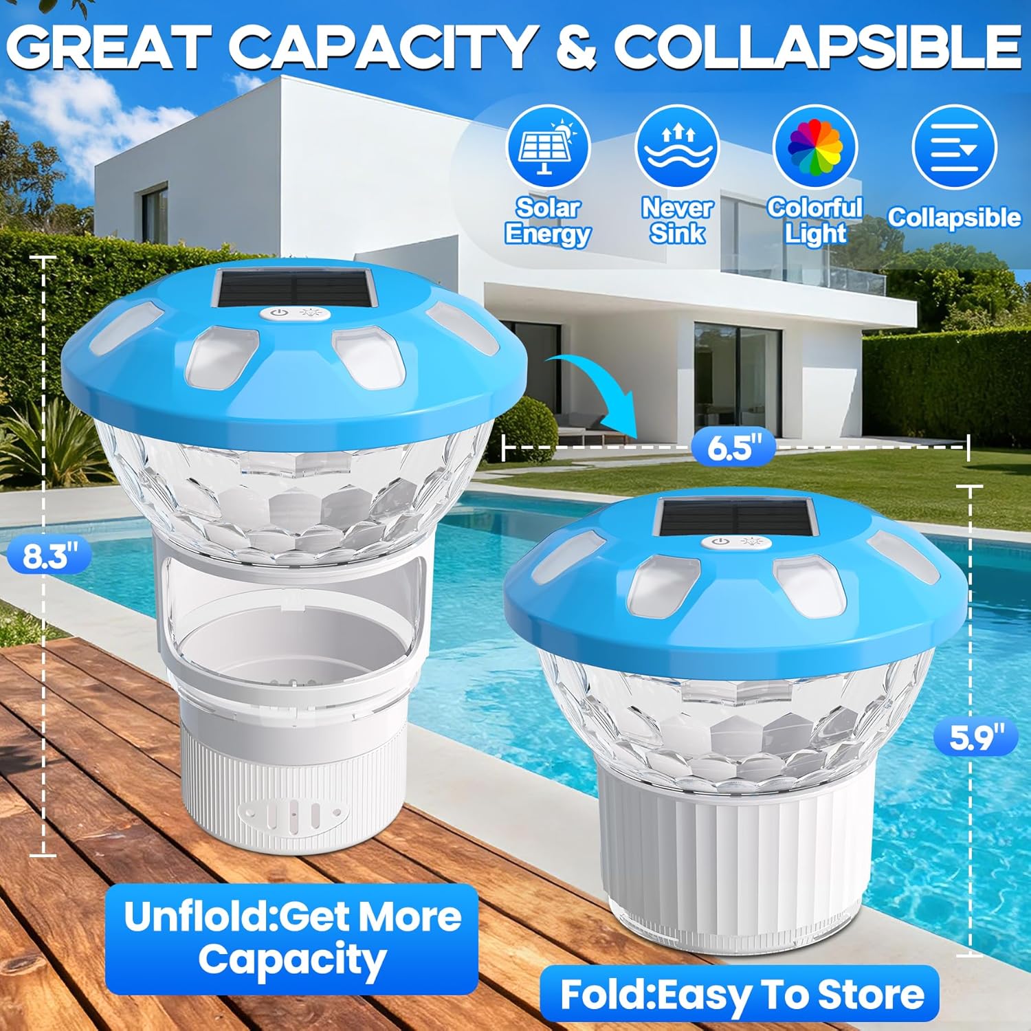 ChlorBlu 2026 Upgrade Solar Chlorine Floater, Chlorine Floater Colorful Lights, Buttons Control Floating Chlorine Dispenser for Pool,Adjustable Pool Chlorine Floater,Large Chlorine Pool Floater,White