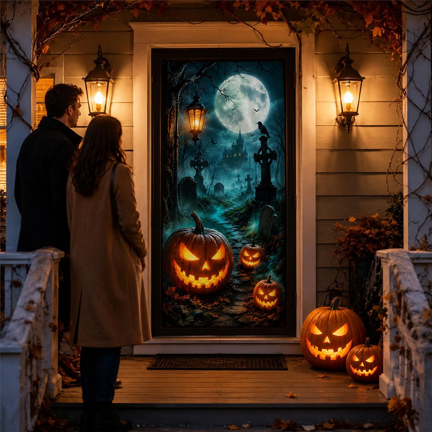 Halloween Decorations Door Cover, Pumpkin Graveyard Front Door Party Banner image 2