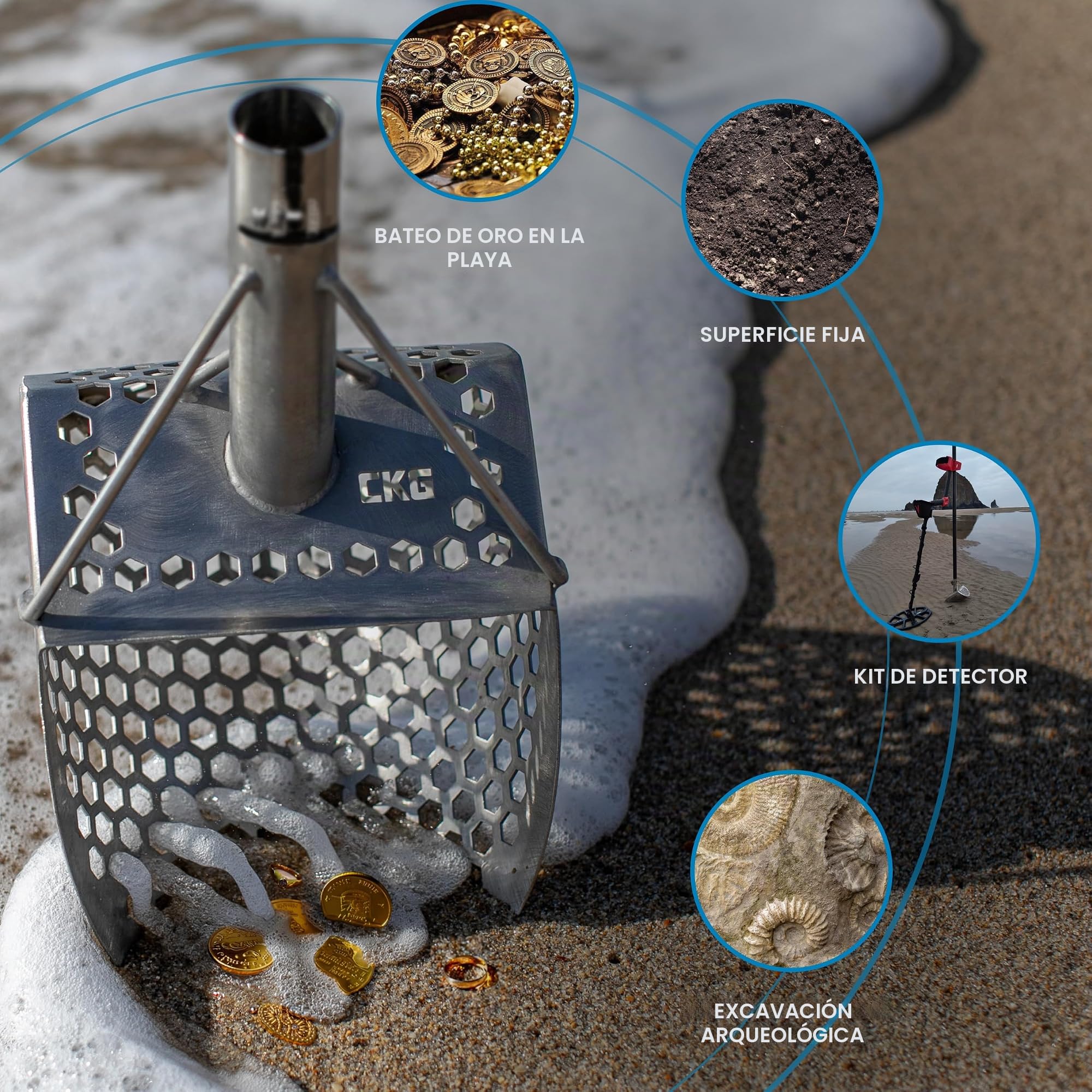 CKG Cuchara de arena para detección de metales, cuchara de tamiz de arena resistente, acero inoxidable 304, pala de detector de metales para caza de tesoros, playa y accesorios de detector de metales,