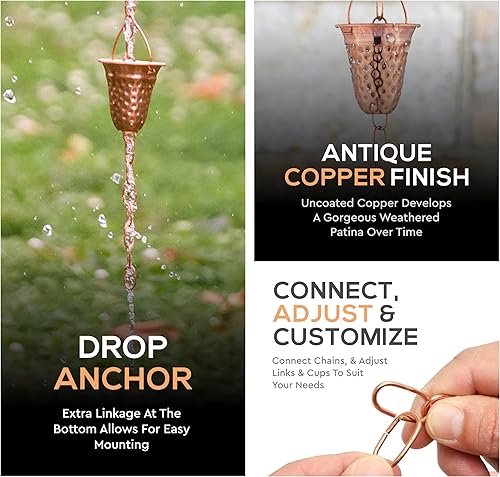 Miniatura 8 de Marrgon Cadena de lluvia martillada de cobre  Campanas decorativas y tazas reemplazan el bajante del canalón y desvían el agua lejos del hogar para