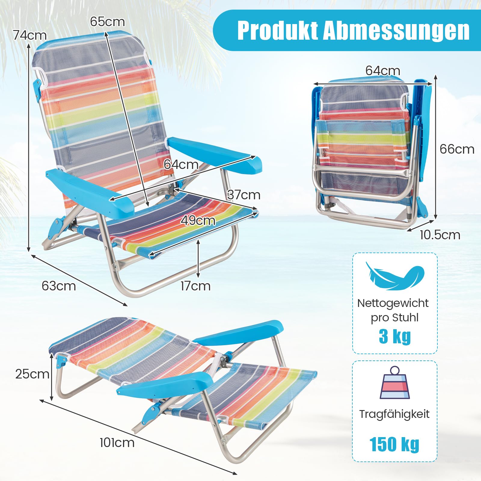 COSTWAY Strandstühle klappbar leicht 2er Set, Campingstühle mit Verstellbarer Rückenlehne, Schultergurten, Handtuchhalter & Armlehnen, Klappstühle, Outdoor-Stühle bis 150 kg belastbar