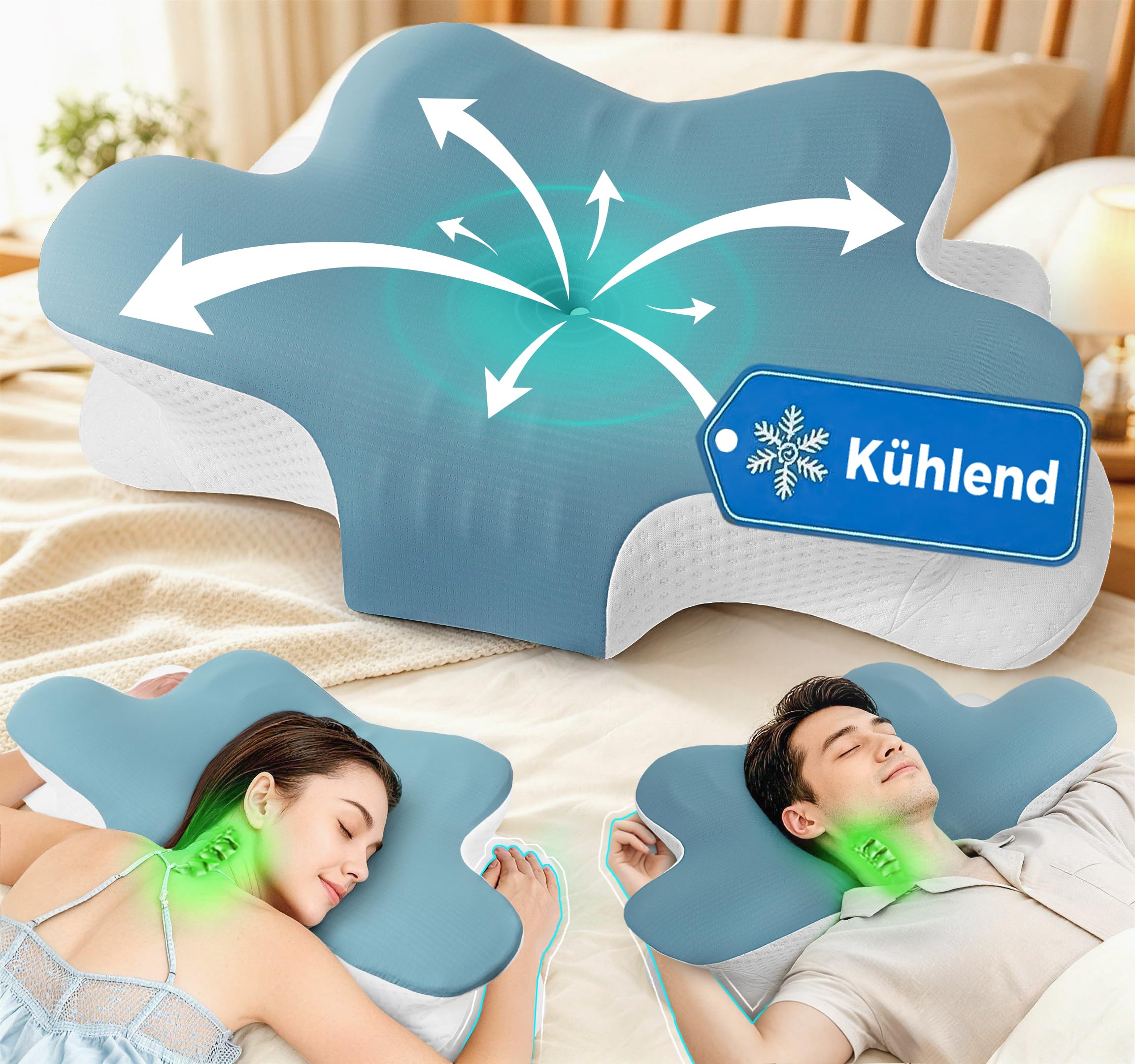 Hypuno Nackenstützkissen, Ergonomisches Memory Foam Kopfkissen, Höhenverstellbares Schmetterlingskissen mit kühlendem Bezug für Seiten-, Rücken- und Bauchschläfer, Kissen-Vorlagen, Blau