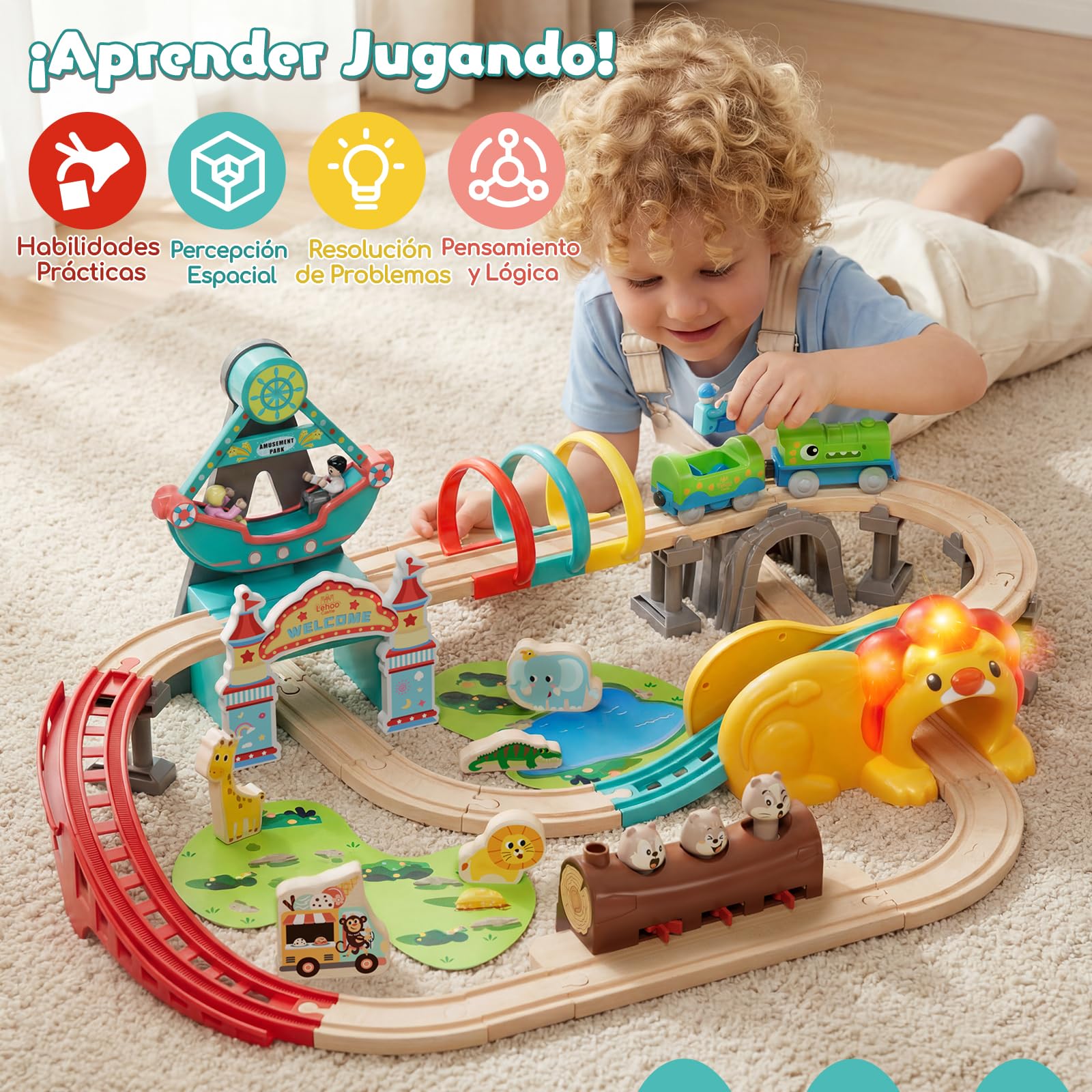 Lehoo Catsle Tren Juguete con Locomotora de Dinosaurios, Tren Electrico Juguete Niños 3+ Años, Juguetes de Mader, Tren Eléctrico Infantil, Regalo para Niño