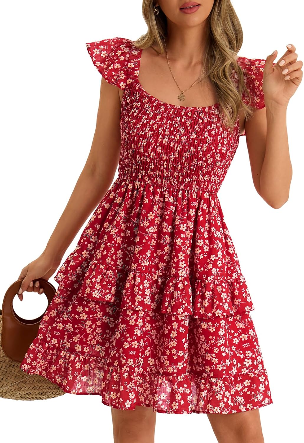 Women Summer Dresses Casual Boho Smocked Ruffle Sun Beach Babydoll Mini Dress Layered Flowy Swing Dress