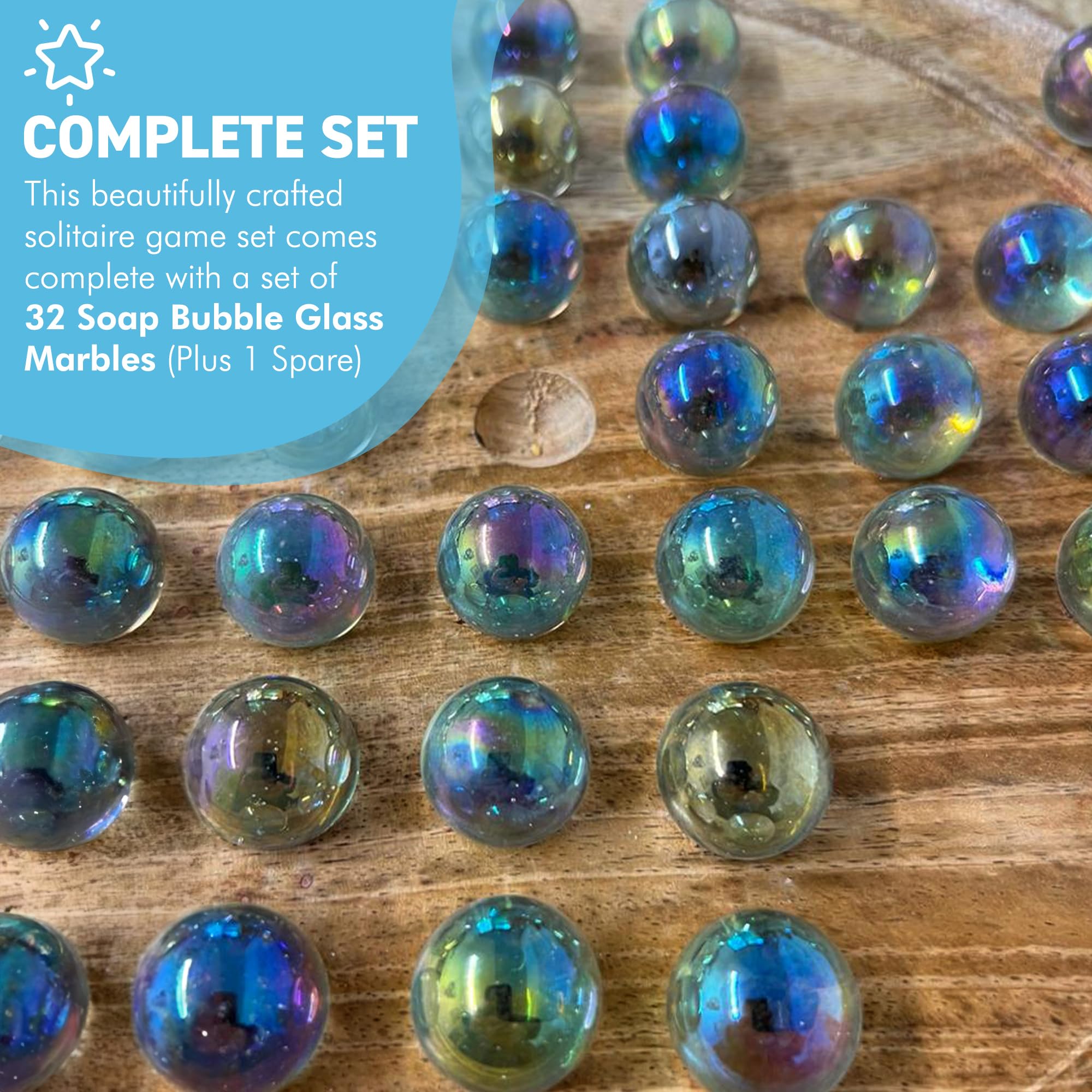 30cm Diameter MANGO WOOD SOLITAIRE BOARD GAME with SOAP BUBBLE GLASS MARBLES | |classic wooden solitaire game | strategy board game - Image 3