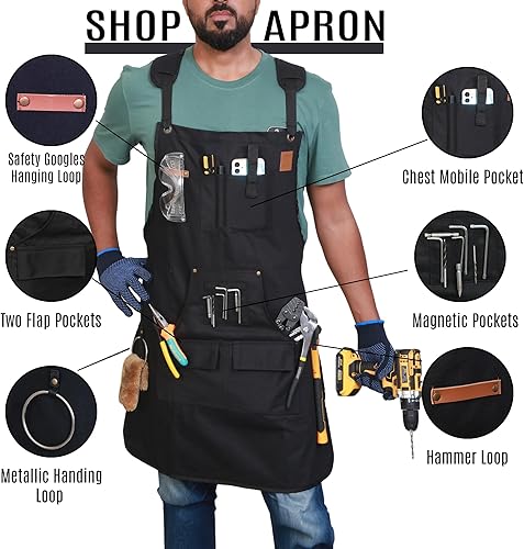 Miniatura 2 de Woodworking Apron for Men - 9 Reinforced Pockets Durable Canvas Padded Cross Straps - Woodworking Gifts for Men