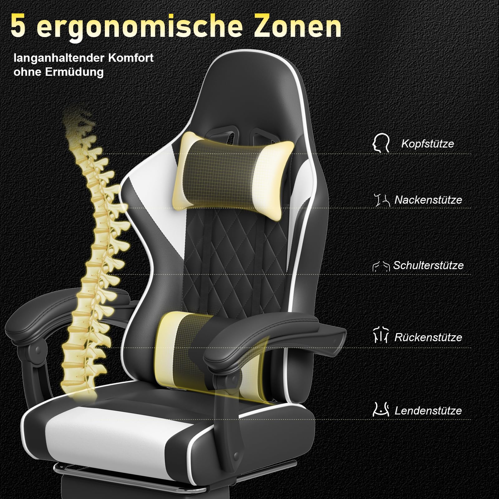 JUMMICO Chaise Gaming Ergonomique, Chaise de Bureau avec Fonction Massage, Fauteuil Gaming avec Repose-Pieds, 150 kg, Blanc