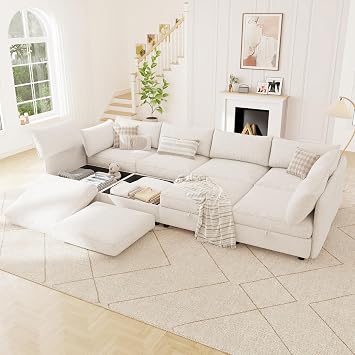 125" Chenille Modular Sectional Sofa Bed Hidden Storage, Convertible L U Shaped Sleeper Couch, 8 Seat Modern Modular Sectional Sofa with Removable Covers & Ottoman Chaise, for Living Room, Beige