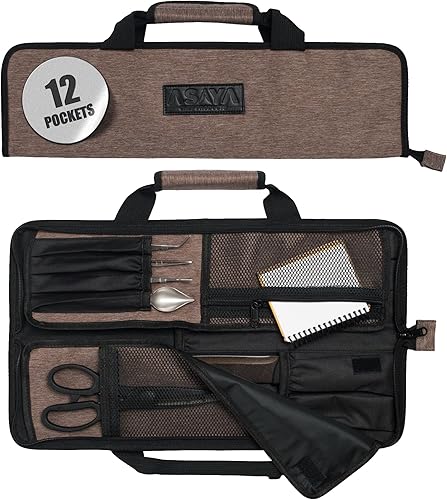 Asaya - Bolsa enrollable para cuchillos de chef - 12 bolsillos para cuchillos y utensilios de cocina - Nylon ligero, duradero y resistente a manchas