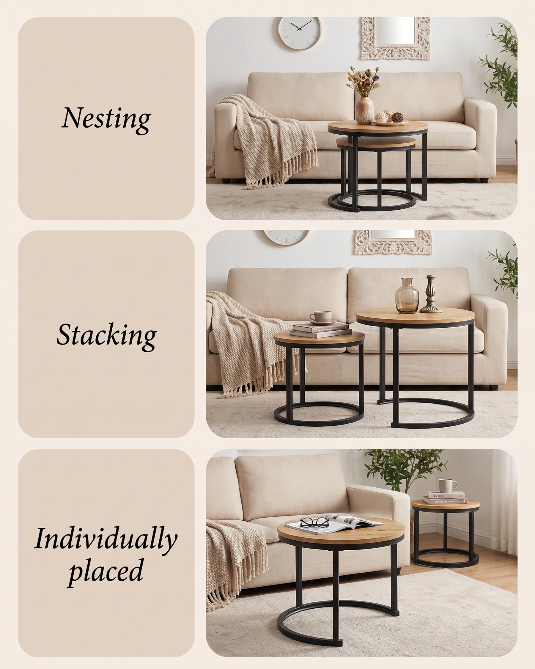 Couchtisch Rund Holz 2er Set, Wohnzimmertisch Modern, Coffee Table, Holz-Effekt Beistelltisch Wohnzimmer mit schwarzem Rahmen
