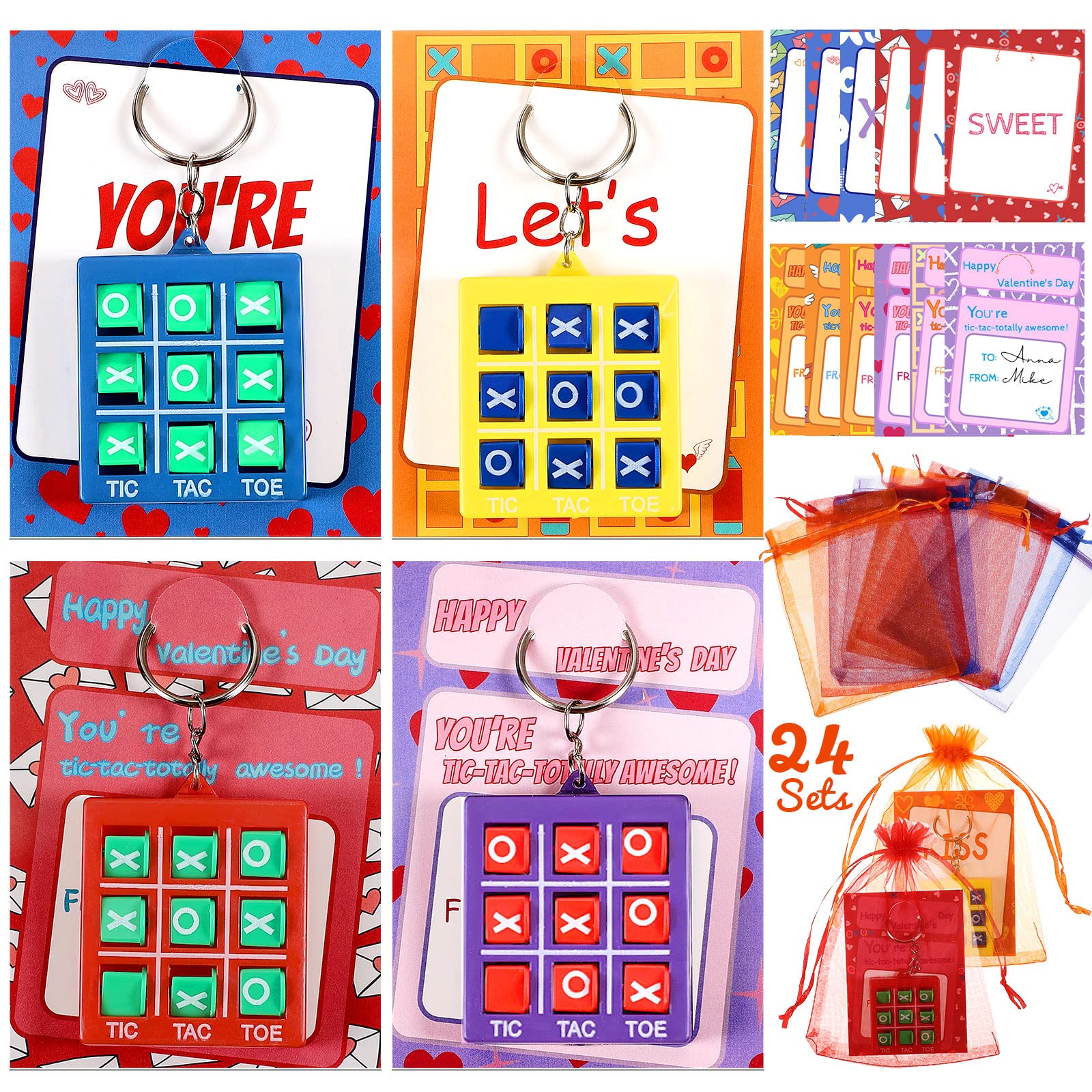 Chinco 24 Set Valentine Gift Tic Tac Toe Keychain Set Valentine's Day Gift Cards with Tic Tac Toe Keychain and Gift Bags