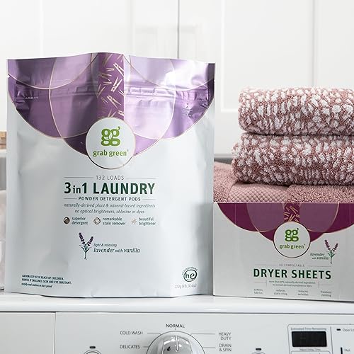 Miniatura 8 de Grab Green Paquete de cápsulas de detergente 3 en 1 y hojas de secadora, 60 cápsulas y 80 hojas de secadora, aroma a vainilla y lavanda, a base de