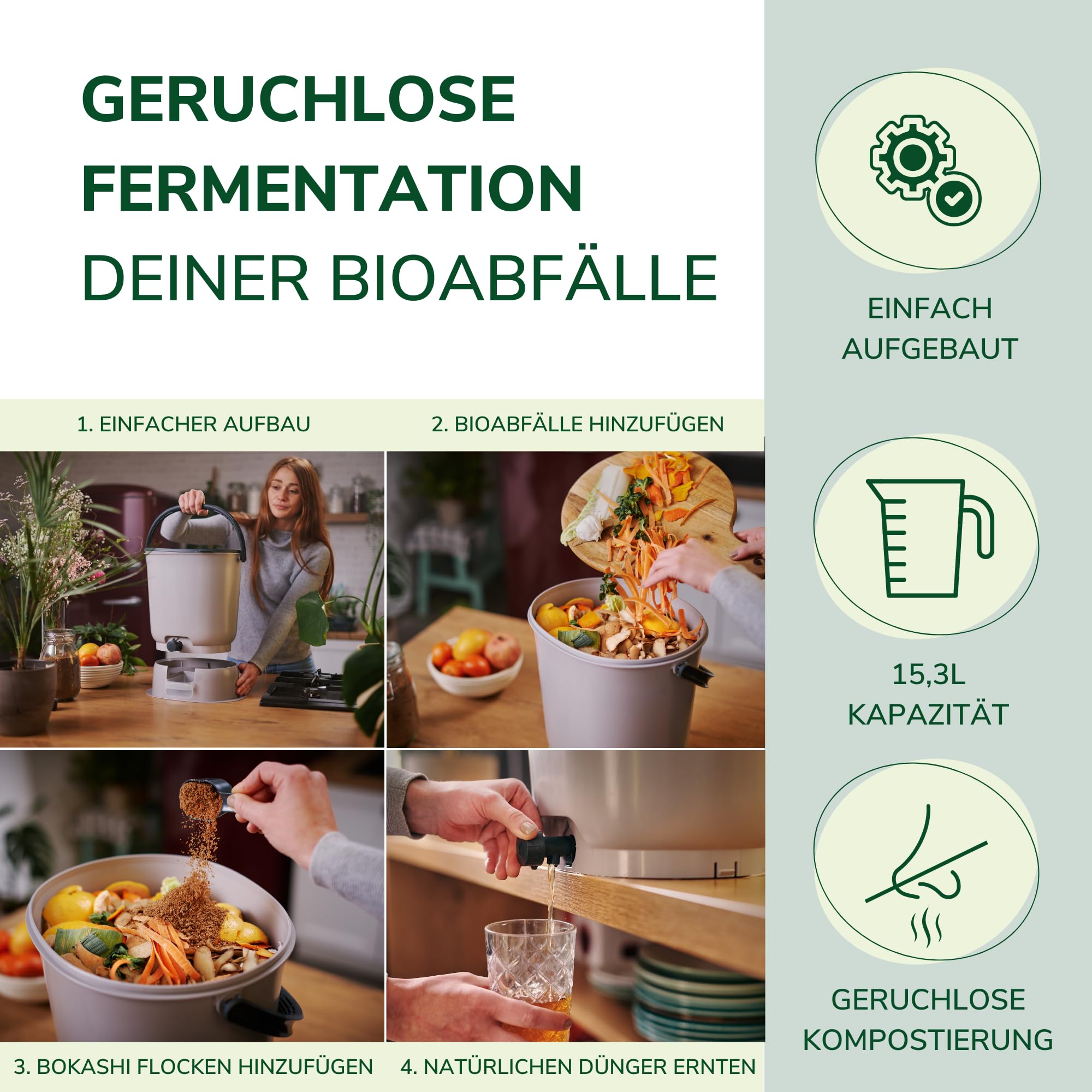 Natursache I Effektiver Biomülleimer für die Küche | Bokashi Eimer Starterset & fermentierende Mikroorganismen | Geruchlos & nachhaltig | Fermentieren leicht gemacht (schwarz)
