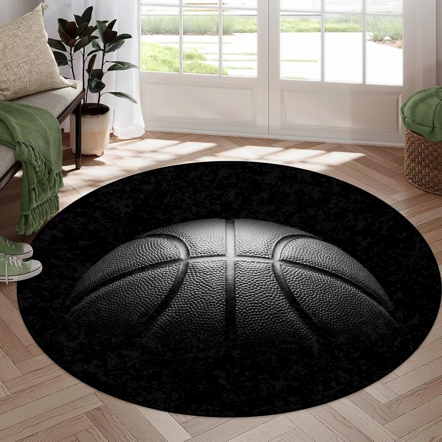 kxry 5Ft Round Black Basketball Soft Area Rugs for Kids Girls Boys Basketball Sports 5x5 Circle Floor Carpet for Living Room Bedroom Dorms Nursery Rooms Home Decor Aesthetic