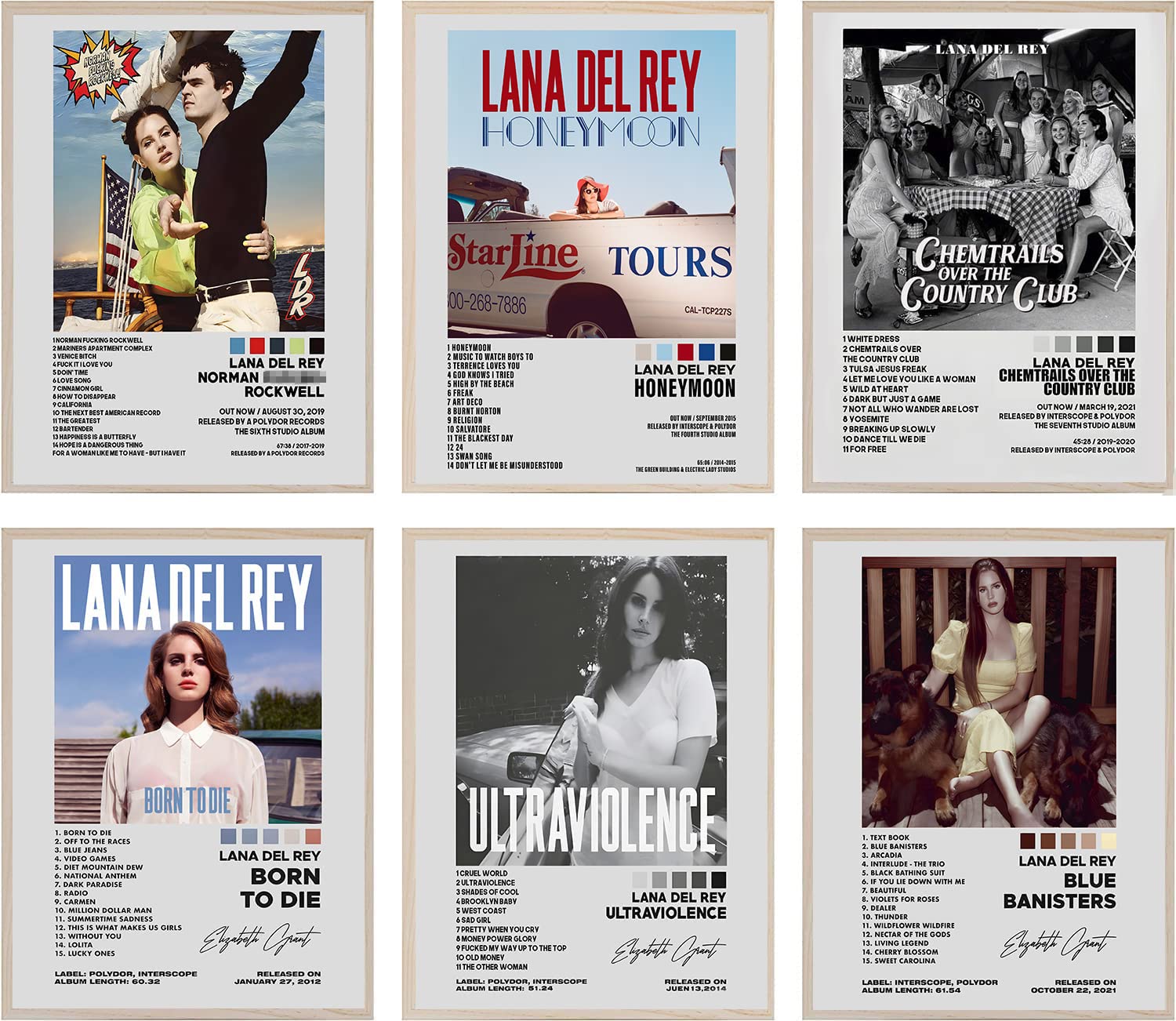 ZIENVE Lana Del Rey Album Cover Posters, Set of 6 Print Music Canvas Wall Art Album Cover Signed Limited Posters Aesthetic Room Decor, 20 x 25cm Unframed - Lana Del Rey