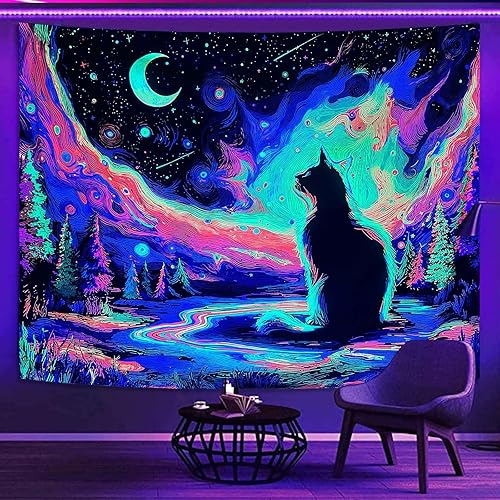 Miniatura 8 de Kanuyee Tapiz de luz negra de neón para colgar en la pared, bosque encantado, cascada, tapices para dormitorio, tapices UV, para colgar en la pared