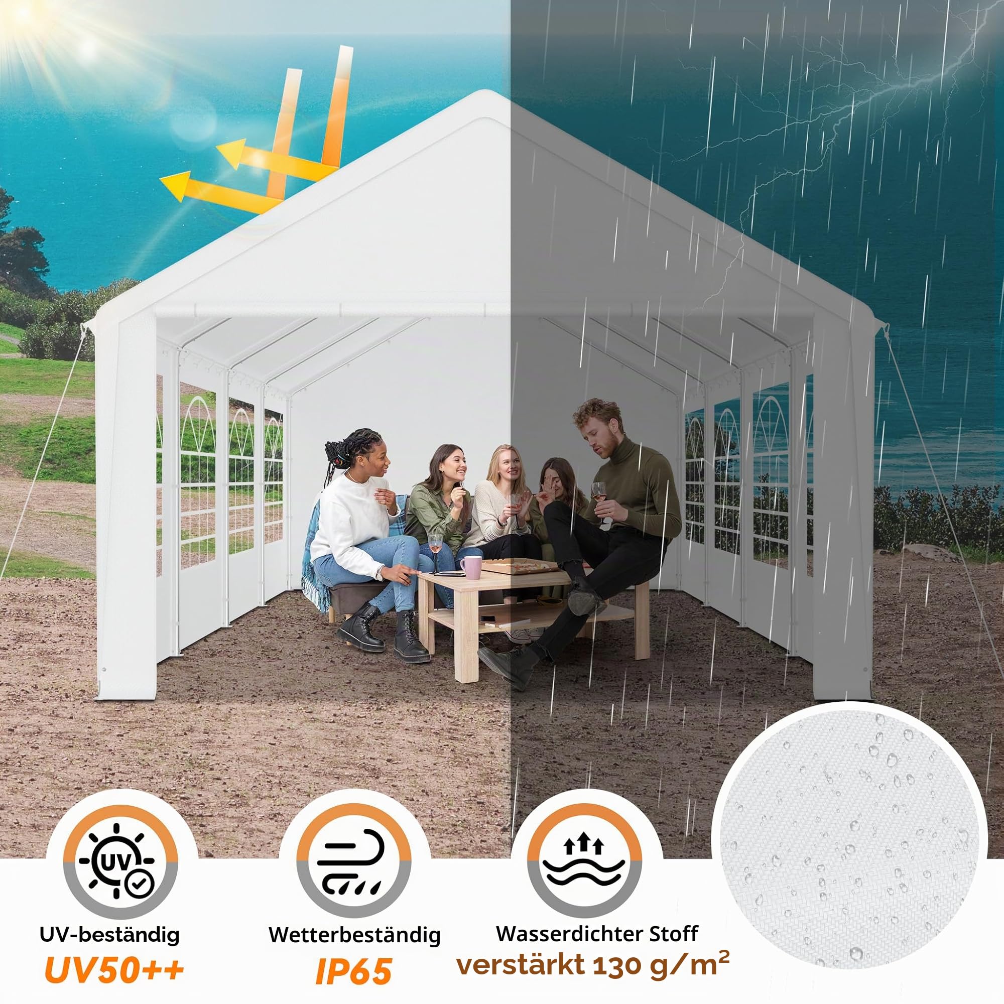 zelt 4 x 8 m NAIZY Partyzelt 4x8 Pavillon mit Wasserdicht Dach & Abnehmbaren Seitenwänden Gartenpavillon Stabil Winterfest Gartenzelt aus PE-Gewebe & Metall Rohr Familienzelt, Weiß Size:Seitenwände für 1.3m Hechmarkise 1DFAUL 120ml Tent Seam camps