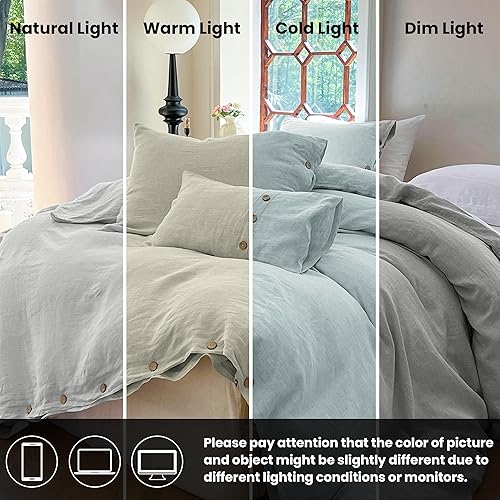 Miniatura 5 de Simple&Opulence - Juego de funda de edredón 100 % lino, 3 piezas con cierre de botón de coco, de lino francés lavado, color liso, suave,