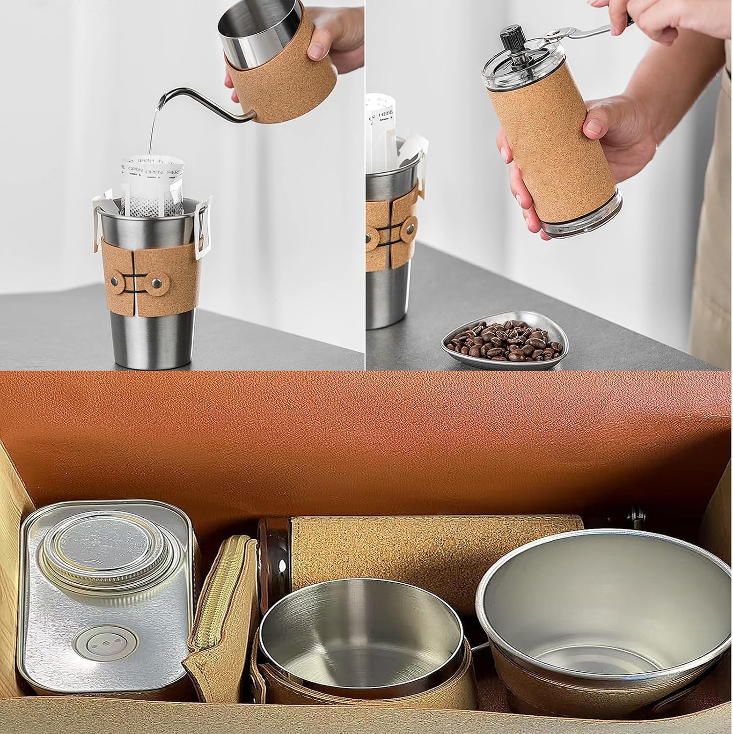 High End Handmade Coffee Pot Gift Box，6 Piece Set Of Hand Brewed Coffee Tools with Cork Bag, Hand-Made Pot, Bean Grinder, Coffee Cup, Coffee Bean Jar for Outdoor Home Decor (6)