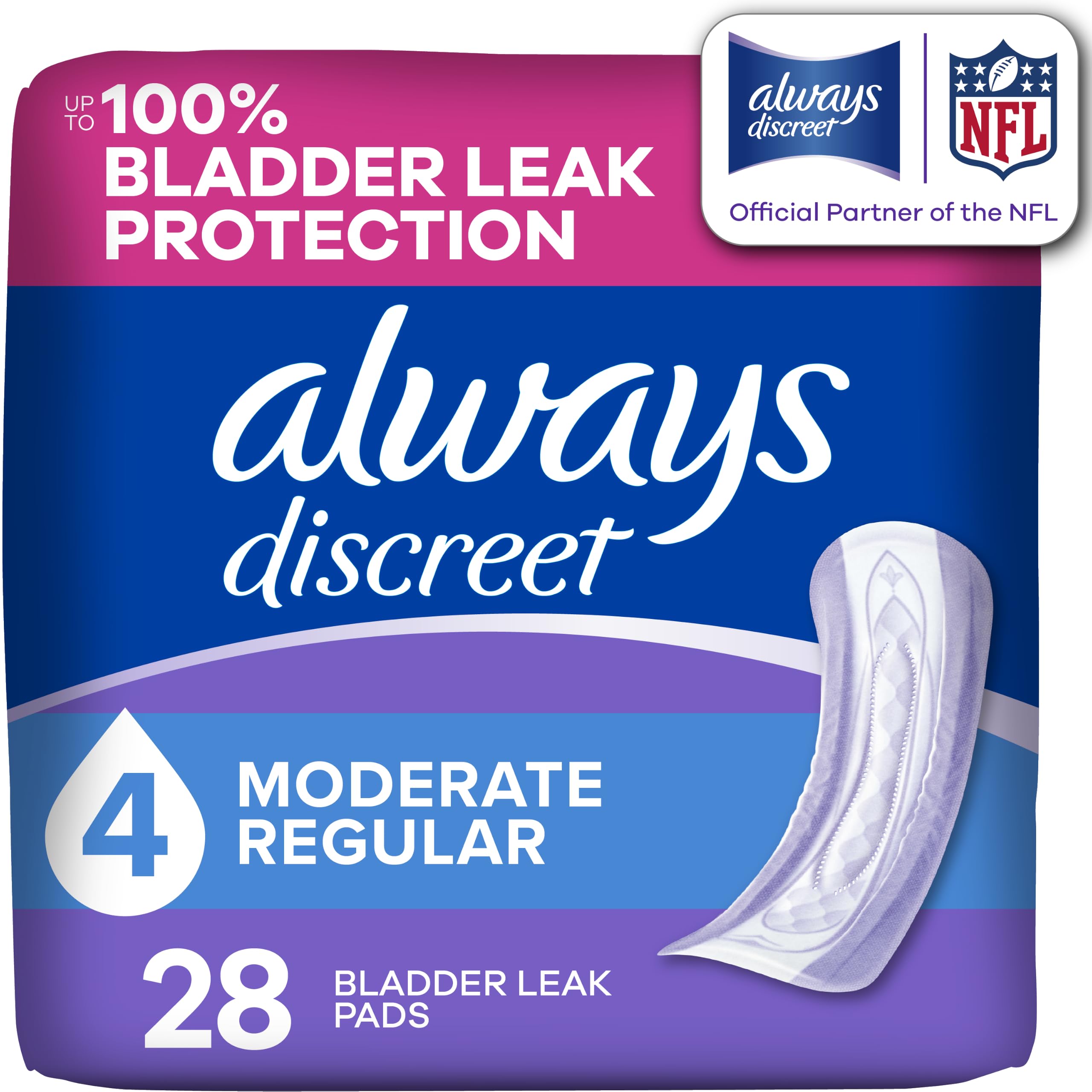 Always Discreet Adult Incontinence Pads for Women, Moderate Absorbency, Regular Length, Postpartum Pads, Up to 100% Bladder Leak Protection, 28 Count