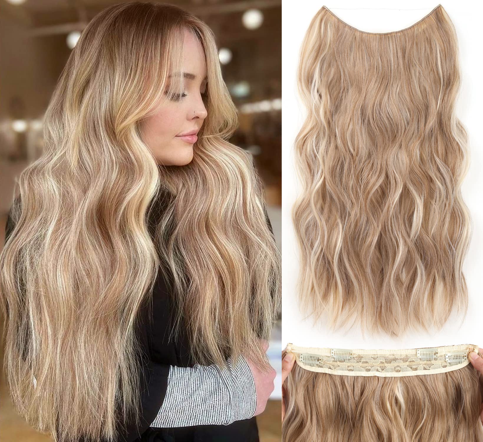 Invisible Wire Clip in Hair Extensions - 20 Inch Long Wave with 4 Secure Clips - Adjustable Size - H22/60-Light Brown with Platinum Blonde
