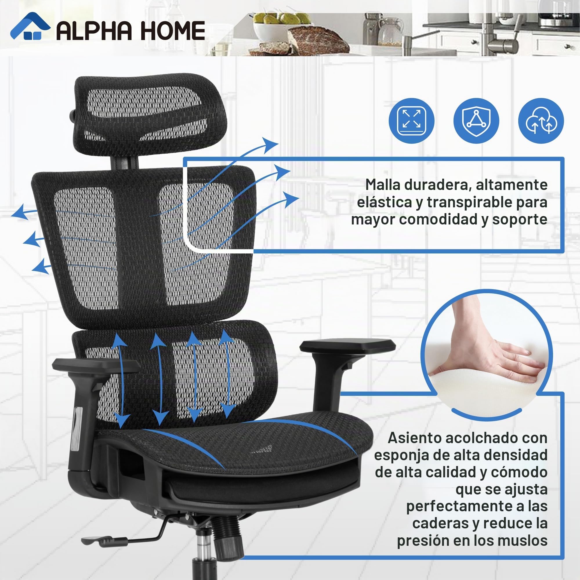 Silla de oficina ergonómica ALPHA HOME con reposapiés retráctil, respaldo alto, silla de escritorio para gerente, silla de oficina para computadora con ángulo de inclinación de 90-130°, con