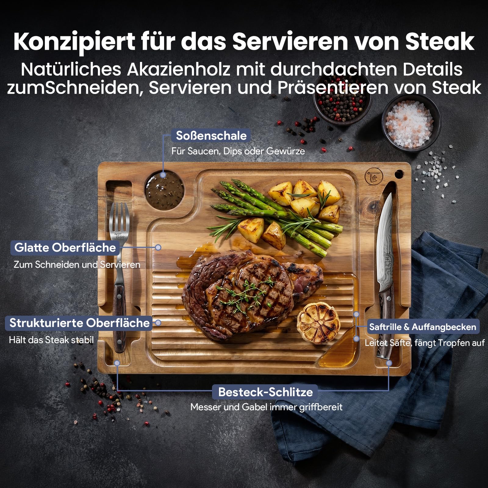 SYOKAMI Holz-Steakbrett-Set mit 1 glatten Steakmesser und 1 Gabel