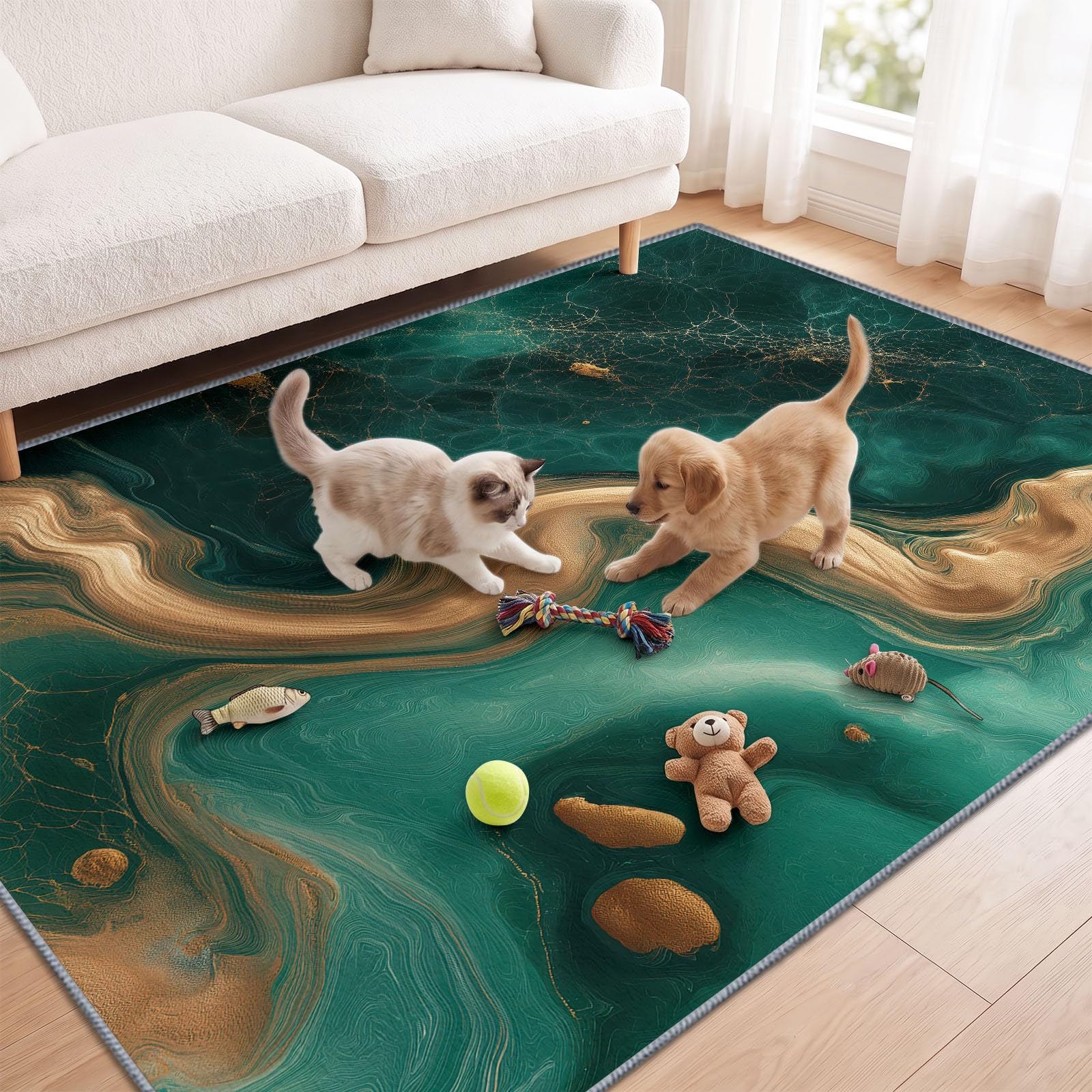 Générique Tapis Moderne Abstrait Fluide Doux Antidérapant 160 x 230 cm, Décoratif Poils Courts Vert et Or Marbre Vortex Élément Facile d'entretien pour Chambre Salon Salle à Manger