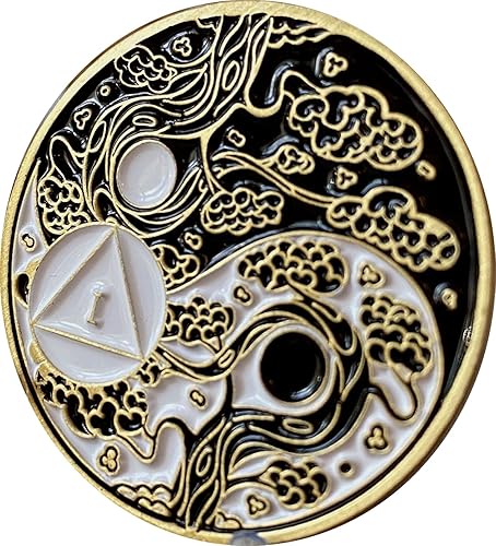 Miniatura 1 de RecoveryChip Medallón AA de 1 año Sakura Tree Cherry Blossom Ying Yang Medallón de oración de serenidad blanco y negro