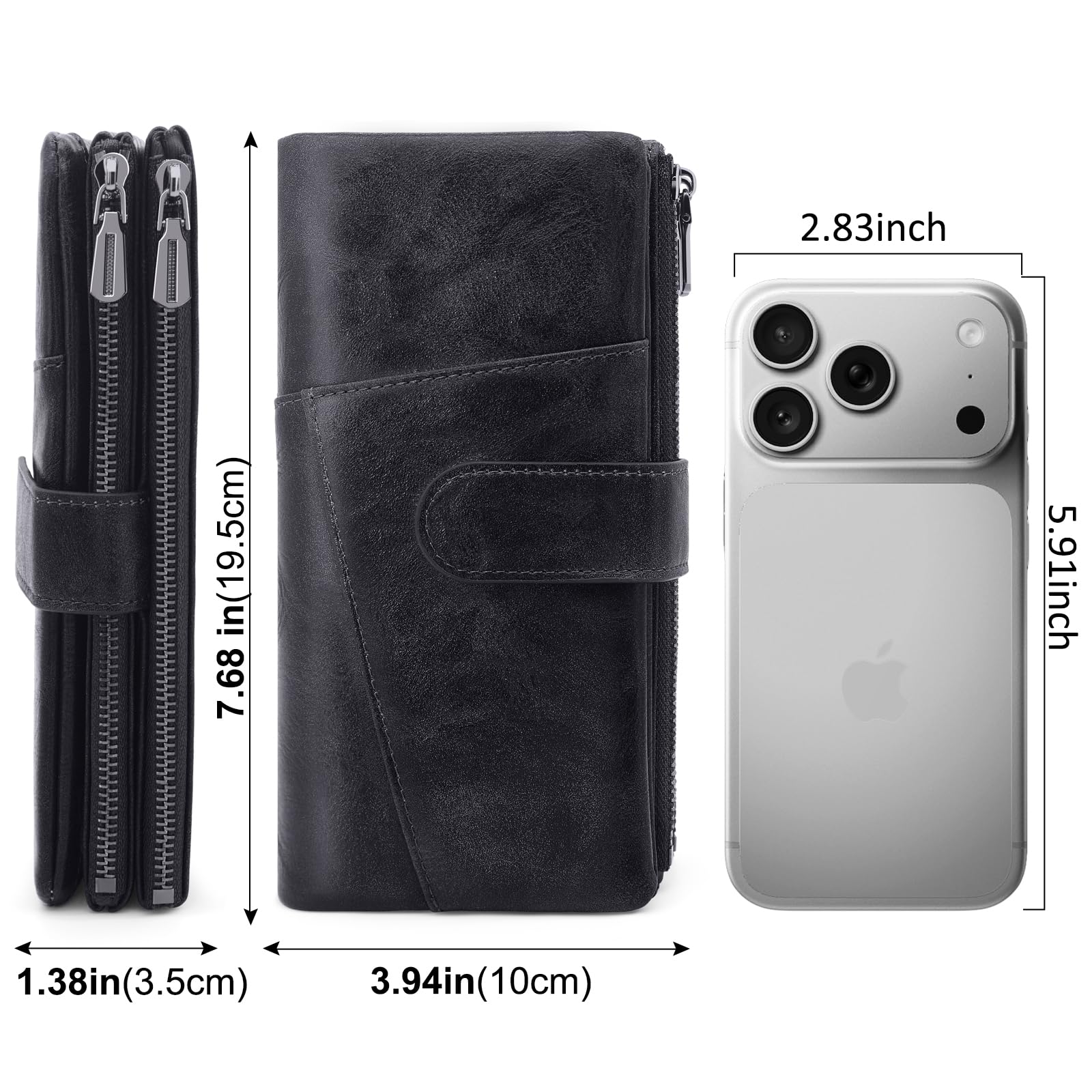 REETEE Carteras de Mujer Grande Cuero PU Monedero Muje Carteras Bloqueo RFID Largo Billetera 2 Grand Bolsillo con Cremallera para Monedas con 23 Ranuras Tarjetas (Negro)