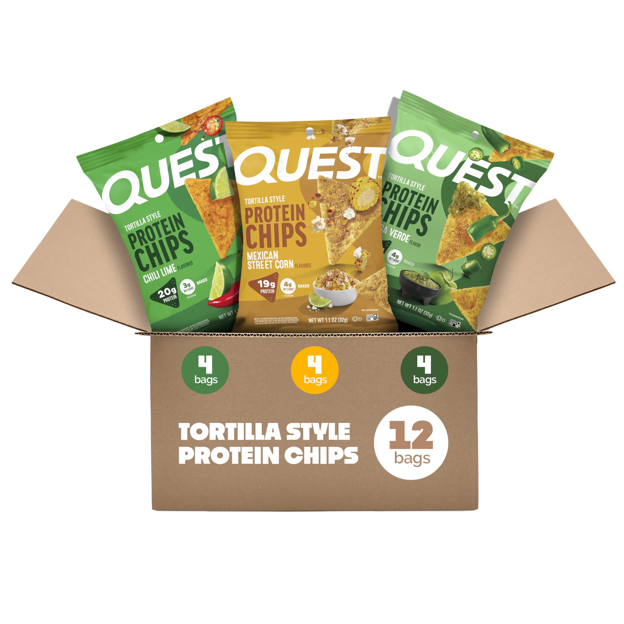 Quest Nutrition Tortilla Protein Chips, Southwest Variety Pack, 12 Count | Chili Lime, Salsa Verde, Mexican Street Corn, 4 bags each, 19-20g Protein, 3-4g Net Carbs, Baked Chips, Individual 1.1oz Bags Southwest Variety Pack 13.2 Ounce (Pack of 1)