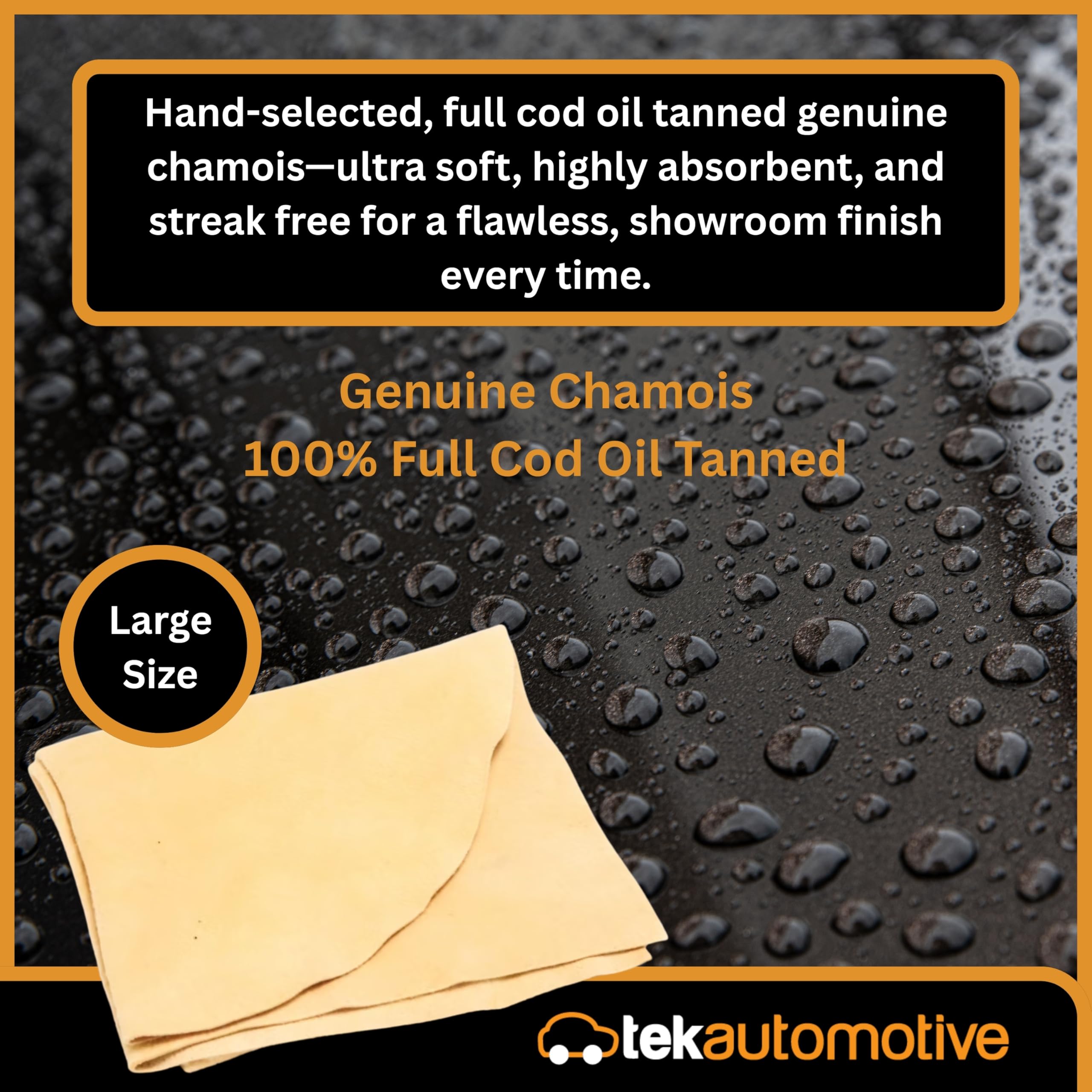 Tek Automotive Pelle di camoscio per auto - Grande pelle di camoscio conciata all'olio di merluzzo - 100% vera pelle shammy panno per asciugatura e lucidatura auto