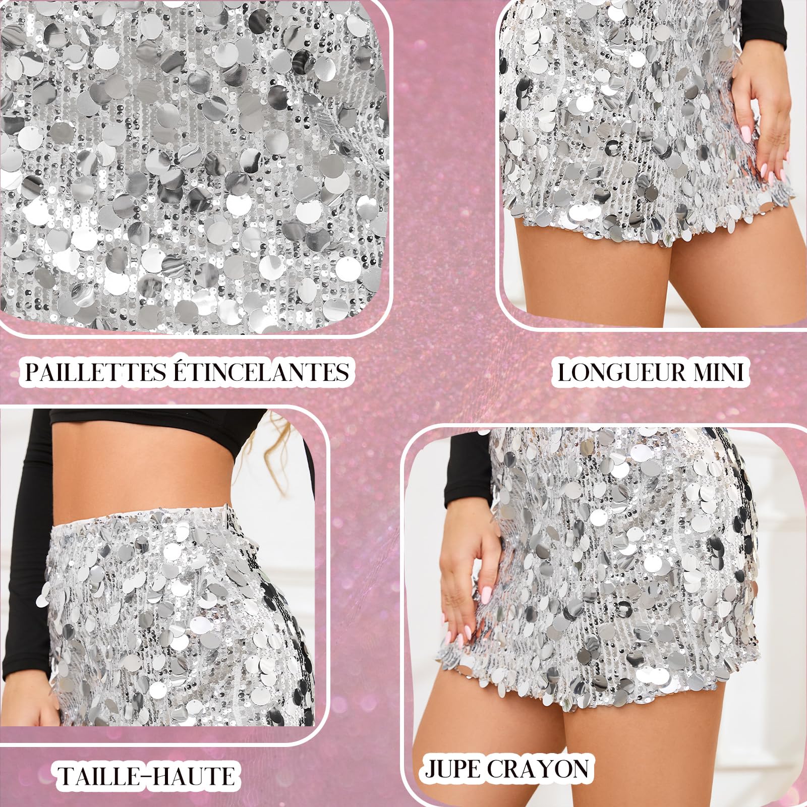 JASGOOD Mini Jupe Paillette Femme Scintillante Jupe Danse Élastique Taille Haute pour Festival Carnaval Soirée Rave
