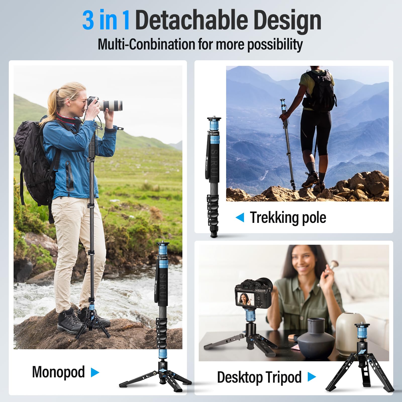 SIRUI P-325FL Monopod z włókna węglowego z nóżkami, profesjonalny monopod 170 cm, przenośny, lekki monopod podróżny do aparatu DSLR, maksymalne obciążenie 10 kg, kompatybilny z aparatem Sony Canon