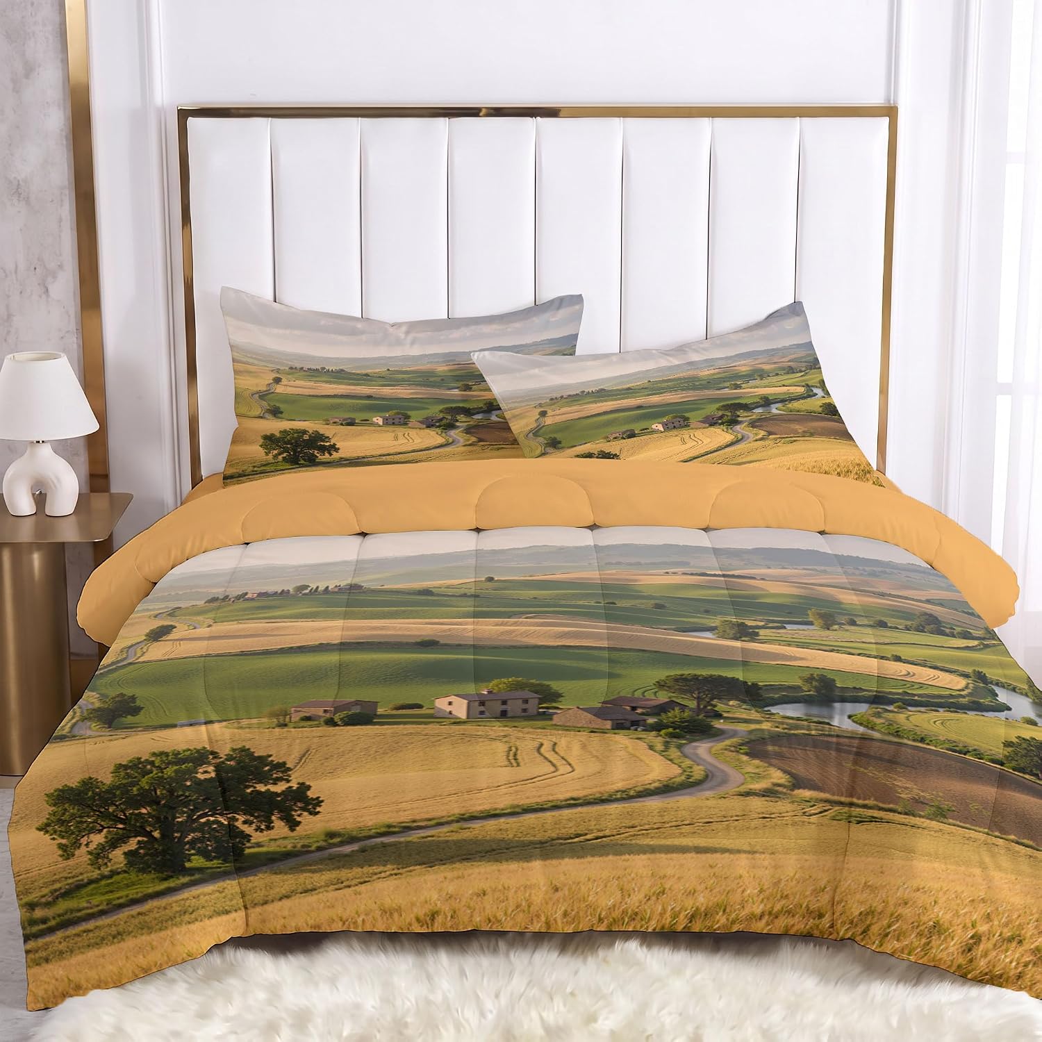 3 Piece Quilts Queen Size Bedding Set, Golden Yellow Lightweight Bedspread, Soft Microfiber, Wheat Field Pattern for All Season Bed Coverlet with 2 Pillow Shams, 90"X90"