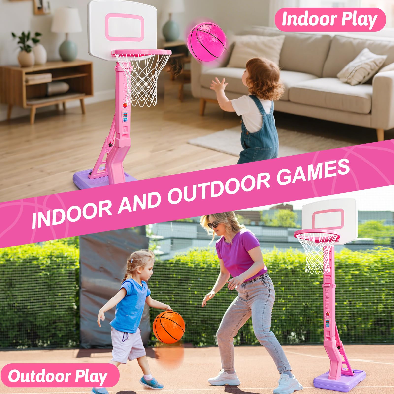 Cesto de baloncesto para niños, juguete interior y exterior a partir de 2 3 4 años, cesto de baloncesto ajustable en altura 70-137cm con pelotas de baloncesto y bomba, juguete para niños, regalo para