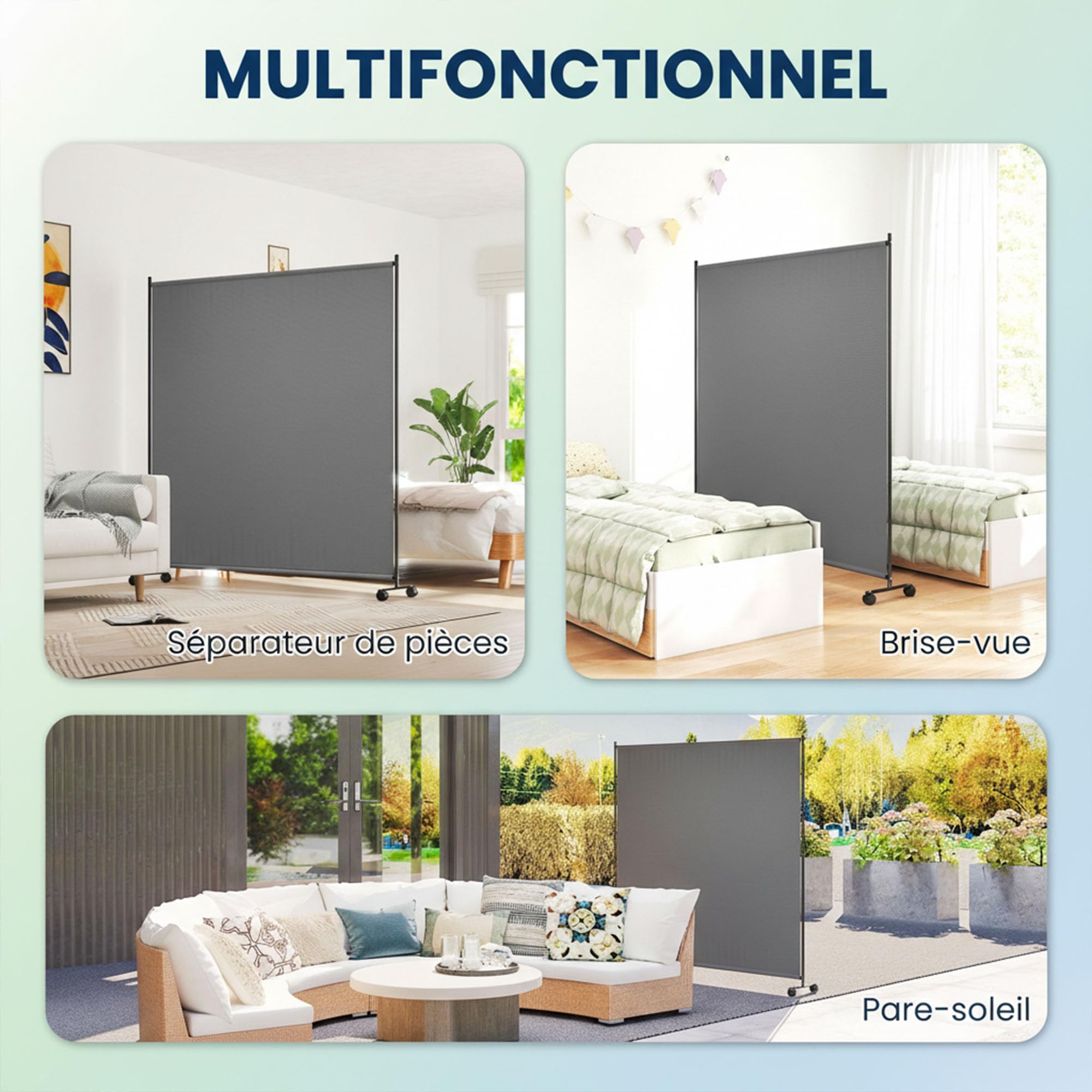 Outsunny Panneau Brise-Vue Extérieur sur roulettes 183x30x181 cm Gris | Opaque, Autoportant, Paravent Brise Vue Jardin, pour Terrasse Balcon