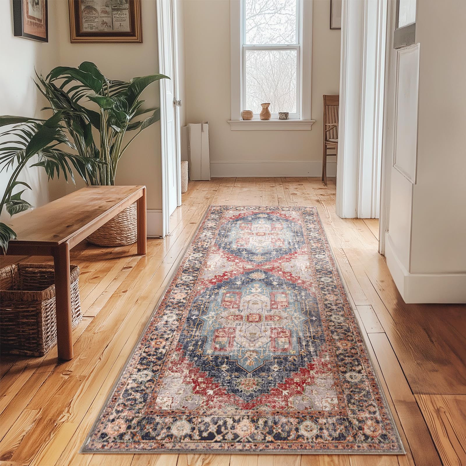 Washable 2x6 Area Rugs, Rugs for Living Room, Low-Pile Water&Stain Resistant Carpet Vintage Distressed Printed Non-Slip Carpet for Bedroom Bathroom