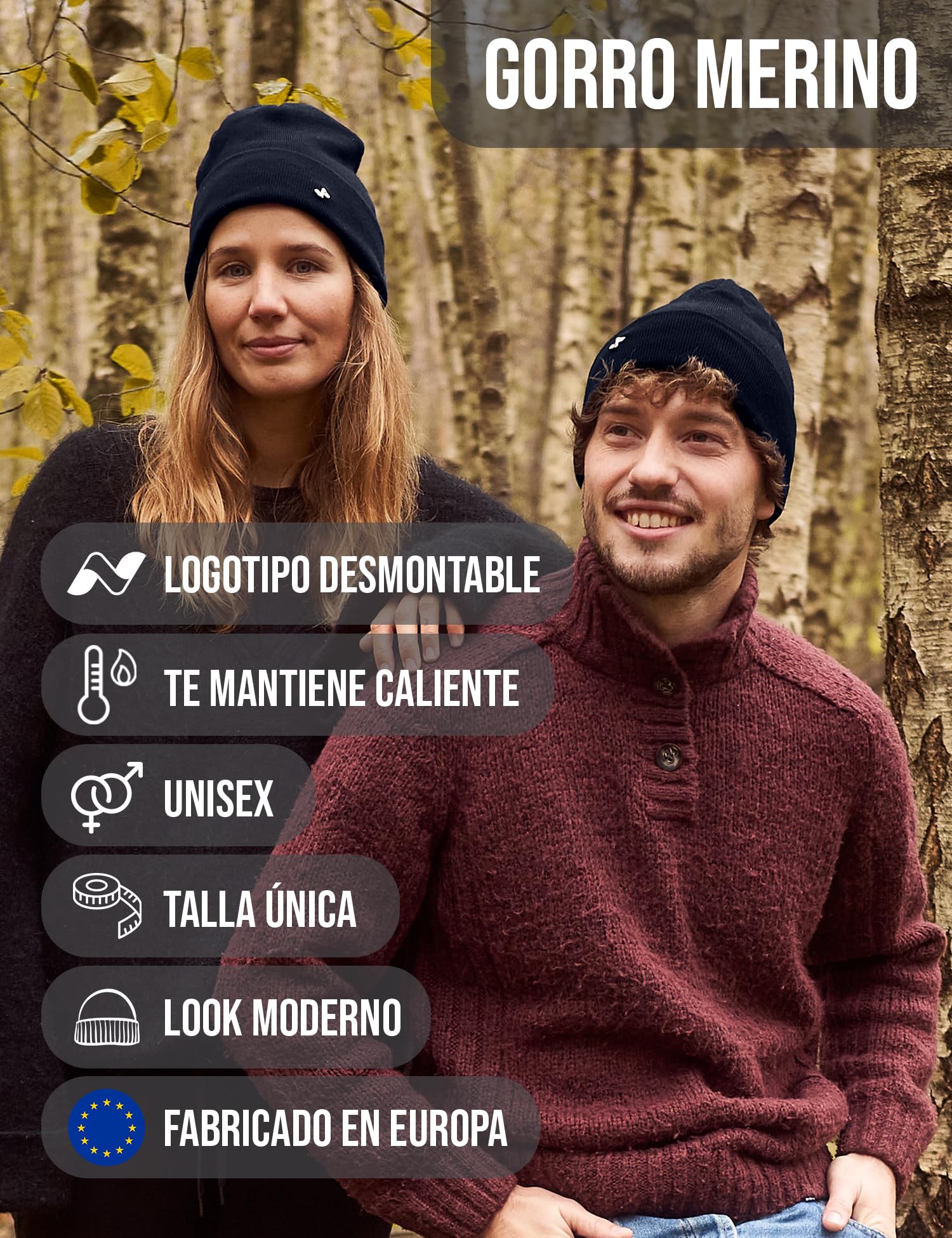 NYTTED® Gorro de Lana Merino Hombre y Mujer | 100% Lana Merino | Gorro de Invierno Cálido, Suave y Elástico | Gorro Punto Unisex | Made in Europe