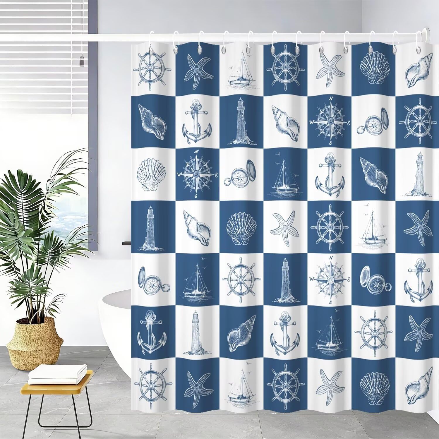 Navy Blue White Shower Curtain Set with Hooks 72x78inches Nautical Coastal Shower Curtains for Bathroom Sea Shells Compass Anchor Waterproof Fabric Shower Curtain
