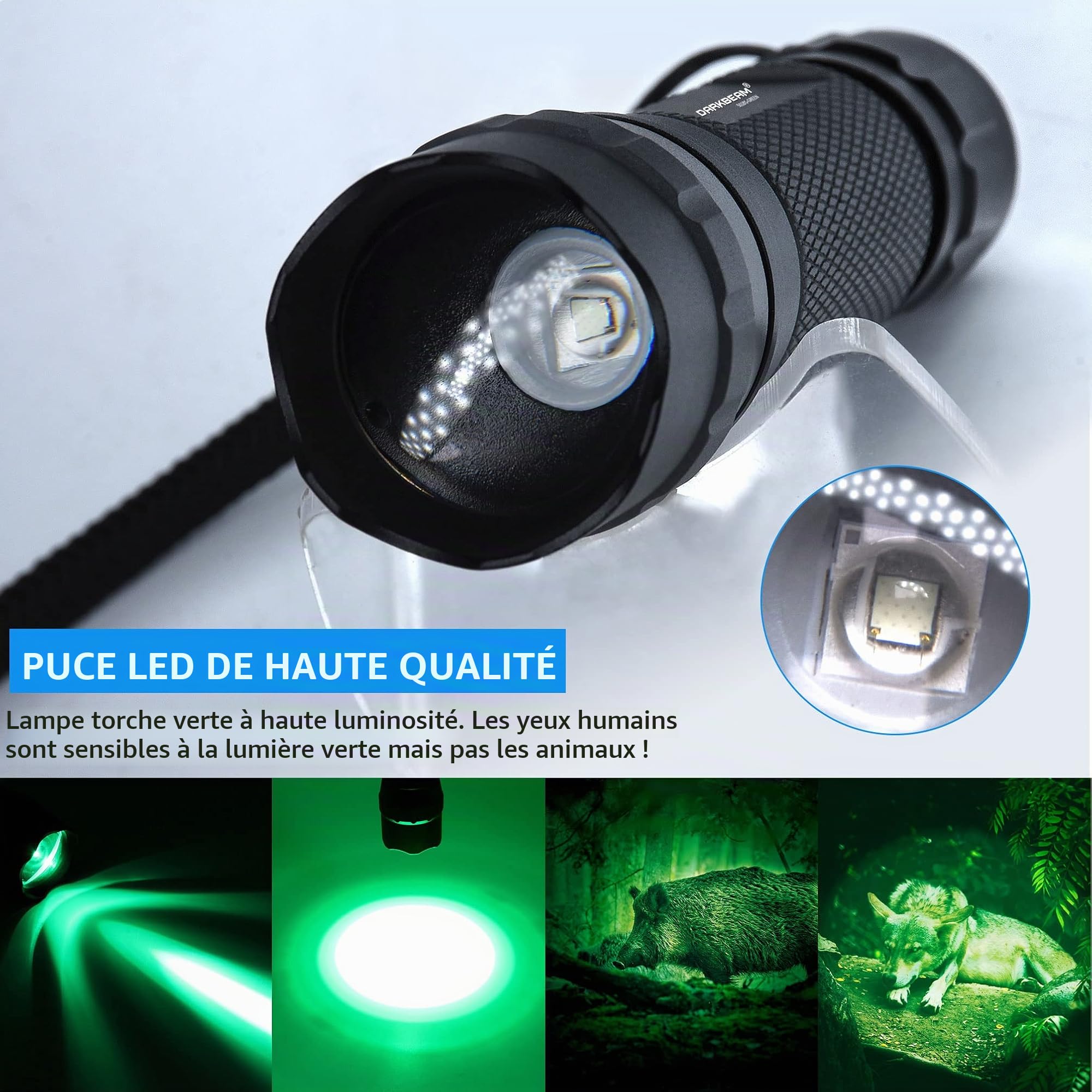 DARKBEAM lampe torche verte Puissante, 501BS Lampe de Poche à lumière Rouge LED Rechargeable, Portable étanche, mise au point rétractable pour la pêche, la Chasse, l'astrophotographie, avec pile &clip