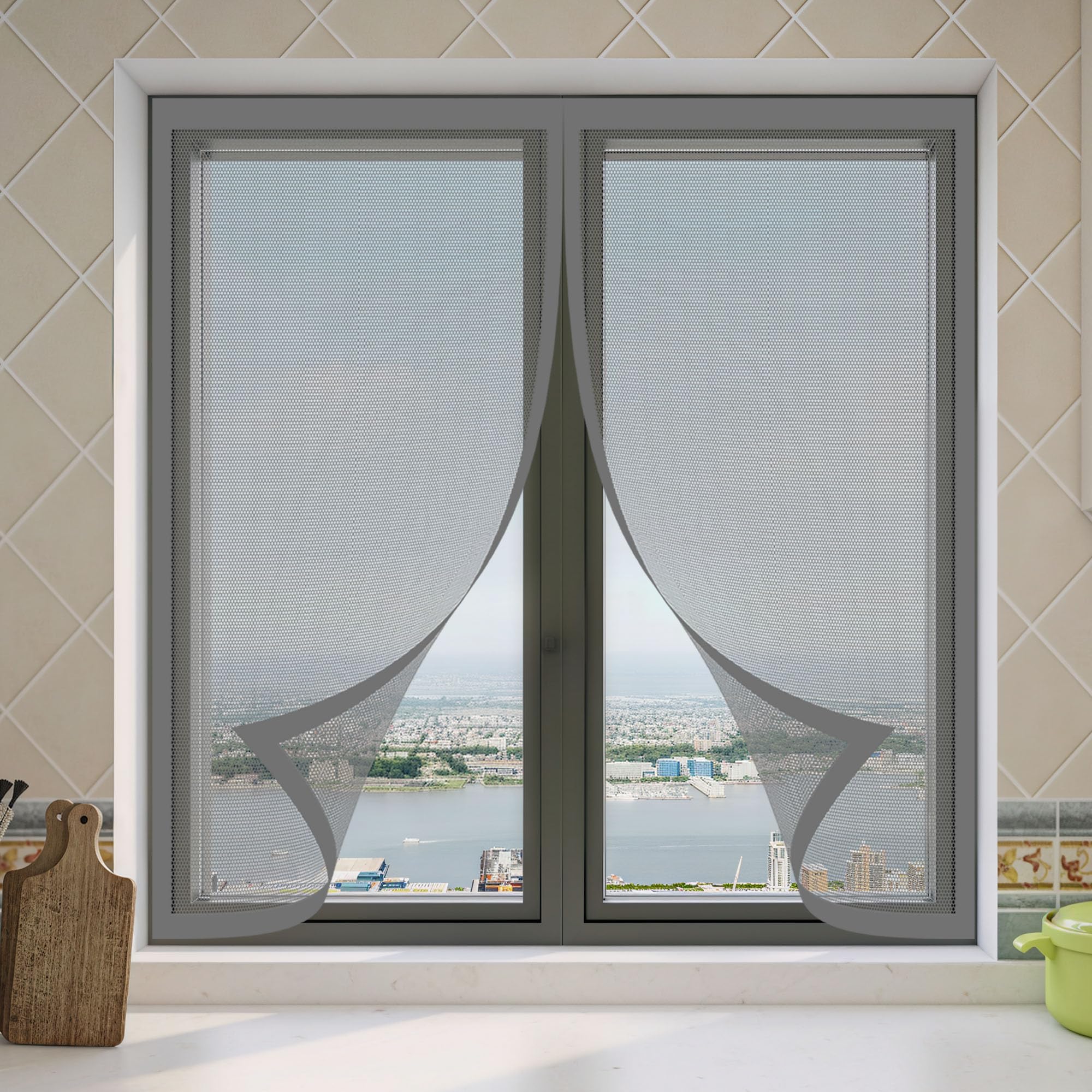 Moustiquaire fenêtre magnétique gris premium 150 x 170 cm avec fermeture aimantée