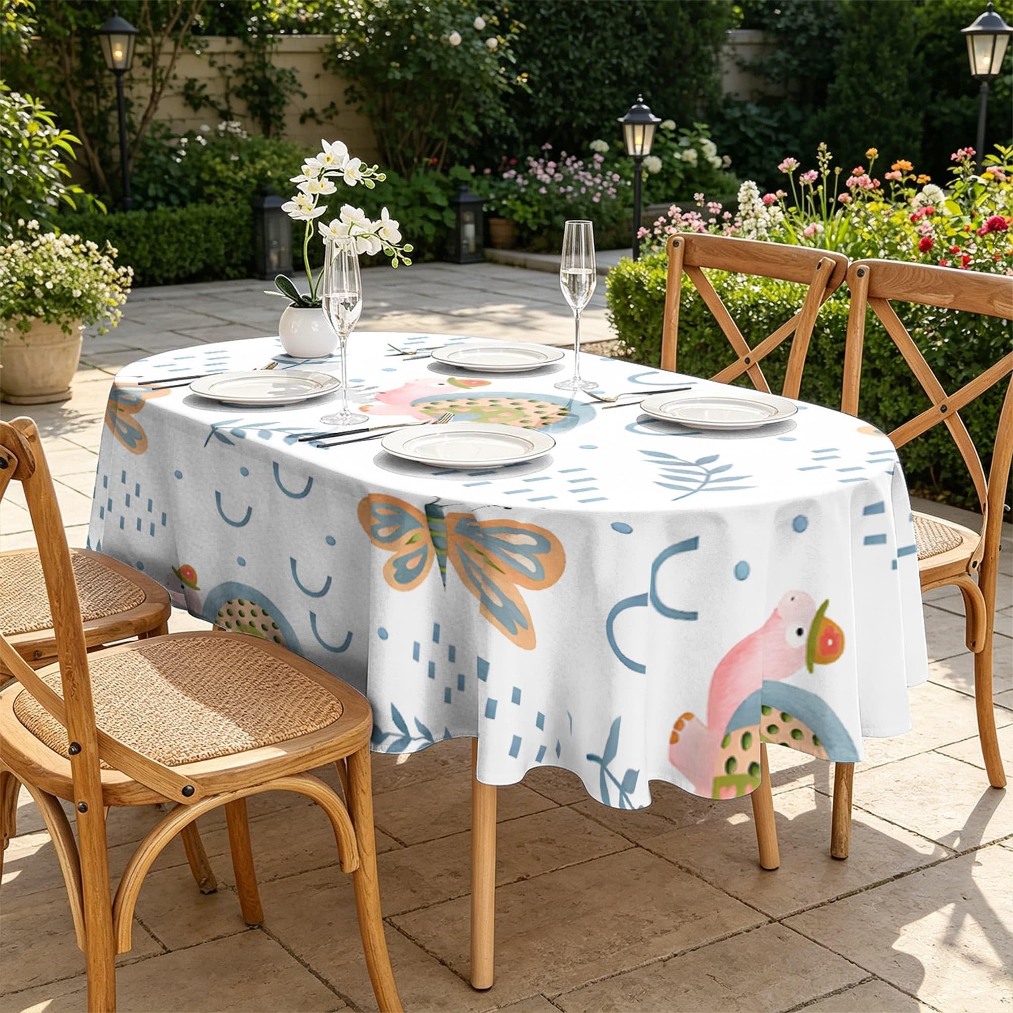 Tischdecke Oval 240x140 cm Wasserabweisend mit Cartoon Schildkröte Motiv | Schmetterling Tischtuch aus Polyester mit Lotuseffekt, Blumenmuster Tischwäsche für Esszimmer, Küche und Garten
